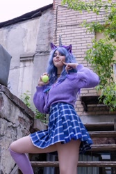 Size: 2871x4306 | Tagged: safe, artist:hysteriana, izzy moonbow, human, g5, ball, blue hair, brony, choker, clothes, collar, cosplay, costume, female, festival, irl, irl human, izzy's tennis ball, legs, nature, outdoors, photo, schoolgirl, skirt, socks, solo, stockings, sweater, tennis ball, thigh highs