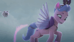 Size: 1860x1074 | Tagged: safe, screencap, cloudpuff, queen haven, dog, flying pomeranian, pegasus, pomeranian, pony, g5, my little pony: make your mark, my little pony: make your mark chapter 6, roots of all evil, spoiler:g5, spoiler:my little pony: make your mark, spoiler:my little pony: make your mark chapter 6, spoiler:mymc06e02, animated, chase, cutie mark, cutie mark theft, female, flying, gif, mare, orb, stolen cutie marks, tentacles, trapped, winged dog