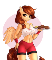 Size: 1590x1852 | Tagged: safe, artist:yutakira92, oc, oc only, oc:vanilla creame, pegasus, anthro, bedroom eyes, female, food, front knot midriff, hand on hip, looking at you, meat, midriff, outback steakhouse, pegasus oc, sexy, simple background, smiling, solo, steak, tomboy, tomboy outback, waitress, wings