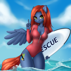 Size: 3000x3000 | Tagged: safe, artist:yutakira92, oc, oc only, oc:heat sink, pegasus, anthro, breasts, cleavage, clothes, eye clipping through hair, eyebrows, eyebrows visible through hair, female, high res, legs in the water, legs together, looking at you, one-piece swimsuit, partially submerged, peace sign, red swimsuit, smiling, solo, spread wings, swimsuit, unzipped, water, wings