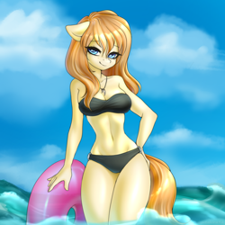 Size: 3000x3000 | Tagged: safe, artist:yutakira92, oc, oc only, earth pony, anthro, bikini, black bikini, black swimsuit, clothes, eyebrows, eyebrows visible through hair, female, floppy ears, high res, inner tube, legs in the water, legs together, looking at you, outdoors, partially submerged, pool toy, smiling, smiling at you, solo, strapless bikini, swimsuit, water