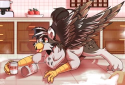 Size: 2500x1700 | Tagged: safe, artist:shadowreindeer, oc, oc only, oc:ospreay, cat, griffon, canned food, commission, kitchen, solo, tongue out