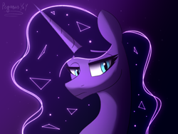 Size: 2160x1620 | Tagged: safe, artist:pegasusyay, nightmare moon, alicorn, pony, g4, bust, constellation hair, female, looking back, mare, portrait, solo