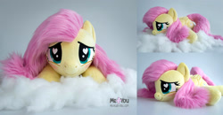 Size: 2000x1038 | Tagged: safe, artist:meplushyou, fluttershy, pegasus, pony, g4, cute, female, heart, heart eyes, irl, looking at you, mare, multiple angles, photo, plushie, shyabetes, smiling, smiling at you, solo, wingding eyes