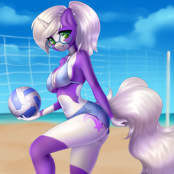 Size: 3500x3500 | Tagged: safe, artist:yutakira92, oc, oc only, oc:indigo, unicorn, anthro, beach volleyball, bikini, bikini top, clothes, female, glasses, high res, swimsuit