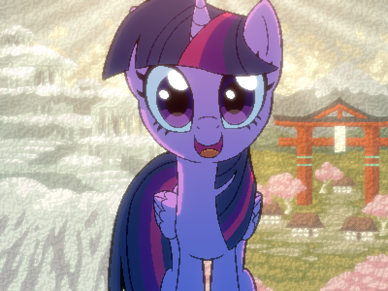 [alicorn,artist:rangelost,cherry blossoms,looking at you,pixel art,pov,ruins,safe,snow,solo,tree,twilight sparkle,cherry tree,story included,cyoa,torii,first person view,offscreen character,twilight sparkle (alicorn),cyoa:d20 pony]
