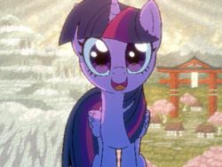 Size: 800x600 | Tagged: safe, artist:rangelost, twilight sparkle, alicorn, pony, cyoa:d20 pony, g4, cherry blossoms, cherry tree, cyoa, first person view, looking at you, offscreen character, pixel art, pov, ruins, snow, solo, story included, torii, tree, twilight sparkle (alicorn)