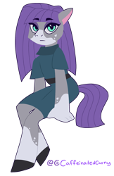 Size: 989x1522 | Tagged: safe, artist:caffeinatedcarny, maud pie, earth pony, anthro, unguligrade anthro, g4, clothes, dress, eyeshadow, makeup, markings, simple background, sitting, solo, stylized, transparent background