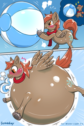 Size: 1200x1800 | Tagged: safe, artist:hoshi_jirushi, oc, oc only, oc:winterlight, pegasus, pony, 2 panel comic, air inflation, air nozzle, beach ball, blowback, blowing, blowing up beach ball, blushing, clothes, comic, inflating, inflation, male, proud, round, round belly, scarf, sequence, solo, stallion