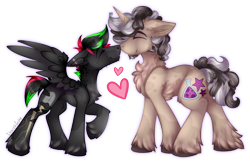 Size: 2187x1425 | Tagged: safe, artist:chvrchgrim, oc, oc only, oc:krypt, oc:quantum, pegasus, pony, unicorn, blaze (coat marking), boop, chest fluff, coat markings, concave belly, couple, curly mane, cute, duo, ear piercing, facial hair, facial markings, gay, height difference, hoof fluff, horn, love, male, neck fluff, noseboop, nuzzling, pegasus oc, physique difference, piercing, simple background, slender, socks (coat markings), spots, spread wings, stallion, thin, transparent background, unicorn oc, unshorn fetlocks, wings