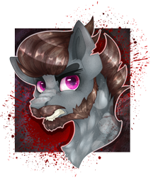 Size: 1917x2255 | Tagged: safe, artist:chvrchgrim, oc, oc only, oc:weltkriegs-wandern, earth pony, pony, angry, beard, brown mane, bust, chest fluff, commission, earth pony oc, facial hair, gray coat, gritted teeth, moustache, nose wrinkle, portrait, snarling, teeth, torn ear