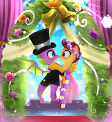 Size: 1800x1953 | Tagged: safe, artist:darksly, scootaloo, spike, dragon, pegasus, pony, a canterlot wedding, g4, clothes, dress, duo, female, flower filly, flower girl, flower girl dress, hat, kiss on the lips, kissing, male, marriage, ship:scootaspike, shipping, straight, suit, top hat, tuxedo, wedding, wedding dress, winged spike, wings
