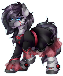 Size: 1650x2000 | Tagged: safe, artist:chvrchgrim, oc, oc only, oc:xezia, zebra, clothes, commission, cyber eyes, cybernetic legs, cyberpunk, dress, eyelashes, fancy, female, frilly dress, hooves, mare, raised hoof, simple background, solo, transparent background, two toned mane