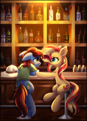 Size: 3580x5000 | Tagged: safe, artist:atlas-66, sunset shimmer, oc, oc:jungle trek, earth pony, pony, unicorn, g4, alcohol, bar, bottle, canon x oc, cheering up, drink, duo, earth pony oc, hat, pith helmet, sad