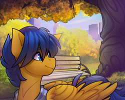 Size: 1280x1024 | Tagged: safe, artist:magicstarfriends, oc, oc only, oc:crushingvictory, pegasus, pony, bench, commission, park, park bench, solo, tree, ych result