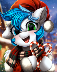 Size: 2550x3209 | Tagged: safe, artist:pridark, oc, oc only, pegasus, pony, candy, candy cane, christmas, clothes, commission, cute, food, hat, heterochromia, high res, holiday, one ear down, open mouth, pegasus oc, pridark is trying to murder us, santa hat, scarf, snow, snowfall, solo, striped scarf, ych result