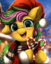 Size: 2550x3209 | Tagged: safe, artist:pridark, oc, oc only, oc:biolachan breeze, pegasus, pony, candy, candy cane, christmas, clothes, commission, cute, food, glasses, hat, high res, holiday, one ear down, open mouth, pegasus oc, pridark is trying to murder us, santa hat, scarf, snow, snowfall, solo, striped scarf, ych result