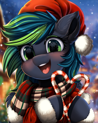 Size: 2550x3209 | Tagged: safe, artist:pridark, oc, oc only, pegasus, pony, candy, candy cane, christmas, clothes, commission, cute, food, hat, high res, holiday, one ear down, open mouth, pegasus oc, pridark is trying to murder us, santa hat, scarf, snow, snowfall, solo, striped scarf, ych result