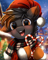 Size: 2550x3209 | Tagged: safe, artist:pridark, oc, oc only, oc:scorched earth, pony, candy, candy cane, christmas, clothes, commission, cute, food, hat, high res, holiday, one ear down, open mouth, pridark is trying to murder us, santa hat, scarf, snow, snowfall, solo, striped scarf, ych result
