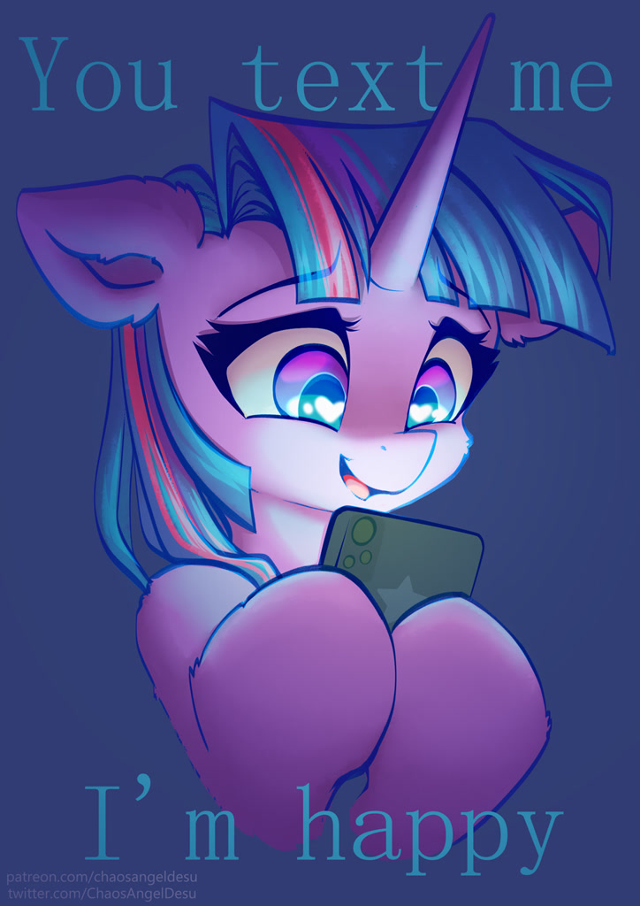 [cellphone,cute,eyebrows,female,heart,heart eyes,mare,open mouth,phone,pony,safe,solo,text,twilight sparkle,unicorn,wingding eyes,smiling,artist:chaosangeldesu,eyebrows visible through hair,open smile]