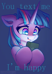 Size: 935x1323 | Tagged: safe, artist:chaosangeldesu, twilight sparkle, pony, unicorn, g4, cellphone, cute, ear fluff, eyebrows, eyebrows visible through hair, female, floppy ears, fluffy, heart, heart eyes, mare, open mouth, open smile, phone, smiling, solo, text, unicorn twilight, wingding eyes