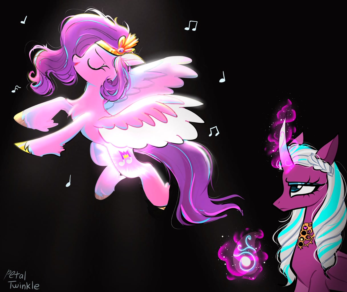 [alicorn,black background,duo,eyelashes,eyes closed,flying,g5,glowing,glowing horn,hooves,horn,levitation,magic,music notes,open mouth,pegasus,pony,safe,simple background,singing,telekinesis,unamused,unshorn fetlocks,wings,concave belly,lidded eyes,peytral,smiling,spread wings,open smile,spoiler:g5,pipp petals,my little pony: make your mark,spoiler:my little pony: make your mark,artist:petaltwinkle,skinny pipp,opaline arcana,opaline arcana is not amused,dragon stone,spoiler:my little pony: make your mark chapter 6,my little pony: make your mark chapter 6,spoiler:mymc06e03,roots of all evil]