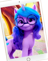Size: 446x560 | Tagged: safe, edit, izzy moonbow, pony, unicorn, g5, official, concave belly, cute, female, fluffy, glasses, ipad, izzybetes, mare, phone, round glasses, simple background, transparent background, turned head, weibo