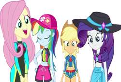 Size: 3715x2520 | Tagged: safe, edit, edited screencap, editor:homersimpson1983, screencap, applejack, fluttershy, rainbow dash, rarity, human, aww... baby turtles, equestria girls, g4, my little pony equestria girls: better together, background removed, bikini, cap, clothes, female, geode of fauna, geode of shielding, geode of super speed, geode of super strength, hat, high res, magical geodes, not a vector, sarong, simple background, swimsuit, transparent background, wrong aspect ratio