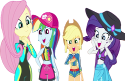 Size: 3871x2520 | Tagged: safe, edit, edited screencap, editor:homersimpson1983, screencap, applejack, fluttershy, rainbow dash, rarity, human, aww... baby turtles, equestria girls, g4, my little pony equestria girls: better together, background removed, bikini, cap, clothes, female, geode of fauna, geode of shielding, geode of super speed, geode of super strength, hat, high res, magical geodes, not a vector, sarong, simple background, swimsuit, transparent background, wrong aspect ratio