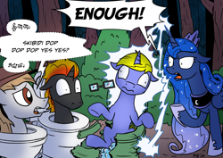 Size: 2192x1550 | Tagged: safe, artist:pony-berserker, princess luna, oc, oc:final drive, oc:longhaul, oc:shadowed ember, g4, angry, broken, derp, end the madness, glasses, luna is not amused, magic, night, rescue, skibidi toilet, telekinesis, thank you, toilet, unamused