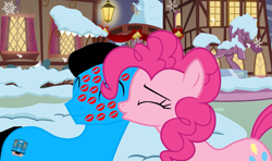 Size: 2237x1327 | Tagged: safe, artist:star-armour95, pinkie pie, oc, oc:william, earth pony, pony, g4, canon x oc, duo, eyes closed, female, holiday, kiss mark, kissing, lipstick, male, mare, shipping, snow, stallion, straight, winter