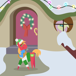 Size: 2160x2160 | Tagged: safe, anonymous artist, big macintosh, fluttershy, earth pony, pegasus, pony, series:fm holidays, series:hearth's warming advent calendar 2023, g4, advent calendar, christmas, christmas lights, christmas wreath, clothes, eyebrows, female, floppy ears, fluttershy's cottage, frown, hat, high res, holiday, lineless, looking back, male, mare, overreacting, pointy ponies, raised eyebrow, sad, scarf, ship:fluttermac, shipping, snow, stallion, straight, sweater, winter outfit, wreath