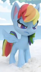 Size: 872x1512 | Tagged: safe, screencap, rainbow dash, pegasus, pony, g4.5, my little pony: stop motion short, snow pony contest (short), angry, cropped, cute, ice, lake, snow, solo, water