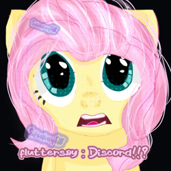 Size: 828x828 | Tagged: safe, artist:nosakaya, fluttershy, pegasus, pony, g4, exclamation point, implied discord, interrobang, looking forward, name, open mouth, pun, question mark, solo, watermark