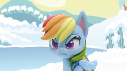 Size: 1920x1080 | Tagged: safe, screencap, rainbow dash, pegasus, pony, g4.5, my little pony: stop motion short, snow pony contest (short), angry, cute, ice, lake, snow, solo, water