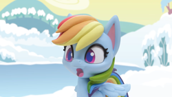 Size: 1920x1080 | Tagged: safe, screencap, rainbow dash, pegasus, pony, g4.5, my little pony: stop motion short, snow pony contest (short), cute, dashabetes, female, ice, lake, mare, shocked, snow, solo, water