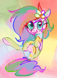 Size: 794x1078 | Tagged: safe, artist:dotkwa, oc, oc only, oc:kayla, earth pony, pony, abstract background, color porn, female, filly, flower, flower in hair, foal, smiling, solo, underhoof