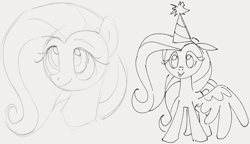 Size: 1008x580 | Tagged: safe, artist:dotkwa, fluttershy, pegasus, pony, g4, bust, doodle, floppy ears, gray background, hat, one wing out, party hat, simple background, solo, tongue out, wings