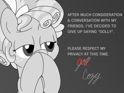 Size: 1200x900 | Tagged: safe, artist:unitxxvii, cozy glow, pegasus, pony, g4, bust, female, filly, foal, golly, gray background, grayscale, hooves together, meme, monochrome, partial color, ponified meme, simple background, snoop dogg, solo, text