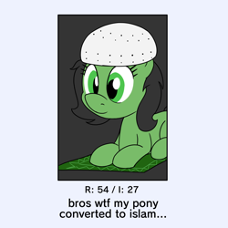 Size: 900x900 | Tagged: safe, artist:unitxxvii, oc, oc only, oc:filly anon, earth pony, pony, 4chan, female, filly, foal, islam, lying down, ponified animal photo, prone, religion, religious, solo, text