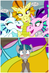 Size: 3359x4998 | Tagged: safe, artist:badumsquish, derpibooru exclusive, adagio dazzle, aria blaze, sonata dusk, stygian, pony, siren, unicorn, g4, shadow play, 2 panel comic, bedroom eyes, blushing, comic, dialogue, eyes closed, eyes on the prize, female, flirting, grin, happy, high angle, imminent foursome, imminent sex, imminent threesome, implied interspecies, larger female, looking at someone, male, nervous, ominous, open mouth, open smile, prehensile tail, rubbing hooves, scared, scaroused, scene interpretation, sharp teeth, show accurate, size difference, smiling, stallion, teeth, this will end in snu snu