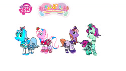 Size: 1192x670 | Tagged: safe, artist:omegaridersangou, cotton candy (g3), loop-de-la, starbeam, twinkle twirl, pegasus, pony, unicorn, g3, g4, clothes, cosplay, costume, cure friendy, cure lillian, cure nyammy, cure wonderful, female, g3 to g4, generation leap, precure, pretty cure, simple background, together, white background, wonderful precure