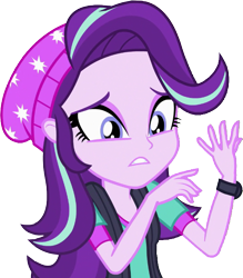 Size: 621x710 | Tagged: safe, edit, edited screencap, editor:homersimpson1983, screencap, starlight glimmer, human, equestria girls, equestria girls specials, g4, my little pony equestria girls: mirror magic, background removed, beanie, clothes, female, hair, hat, looking at self, not a vector, shirt, simple background, solo, teenager, transparent background, vest, watch, wristwatch