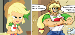 Size: 2248x1052 | Tagged: safe, artist:atariboy2600, artist:bluecarnationstudios, edit, edited screencap, screencap, applejack, comic:the amazonian effect, comic:the amazonian effect iv, equestria girls, g4, my little pony equestria girls: better together, applejacked, belt, breasts, clothes, collar, comparison, cowboy hat, denim, denim skirt, female, flexing, freckles, grin, growth, hair, hat, muscle expansion, muscle growth, muscles, muscular female, open mouth, physique difference, ponytail, shirt, skirt, smiling, teenager
