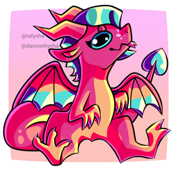 Size: 1000x979 | Tagged: safe, artist:dannonhynha, blaize skysong, dragon, g5, :p, chibi, cute, dragoness, female, gradient background, looking at you, silly, smiling, solo, tongue out