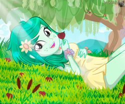 Size: 3792x3165 | Tagged: safe, artist:charliexe, wallflower blush, bird, human, equestria girls, g4, alternate hairstyle, clothes, crepuscular rays, cute, dress, female, flower, flower in hair, flowerbetes, freckles, grass, high res, open mouth, open smile, rose, smiling, solo, sundress, teeth, tree, wallflower and plants