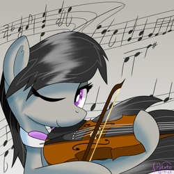 Size: 2000x2000 | Tagged: safe, artist:notadeliciouspotato, octavia melody, earth pony, pony, g4, abstract background, bow (instrument), bust, female, high res, mare, musical instrument, necktie, one eye closed, signature, smiling, solo, violin