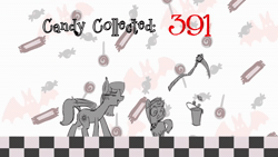 Size: 1280x720 | Tagged: safe, artist:fiedlemon, oc, oc only, oc:flare, oc:lucent, bat pony, pony, unicorn, animated, bat pony oc, bucket, candy, clothes, colt, costume, dancing, duo, eyes closed, female, foal, food, grim reaper, halloween, halloween costume, hopping, levitation, magic, male, mare, mother and child, mother and son, open mouth, open smile, scythe, simple background, smiling, sound, telekinesis, walking, webm, white background