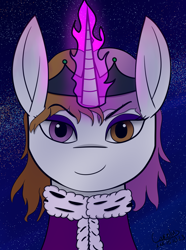 Size: 1248x1680 | Tagged: safe, artist:hno3, oc, oc only, pony, unicorn, equestria at war mod, equestria rises still (equestria at war submod), bust, clothes, female, fur coat, heterochromia, horn, jewelry, magic, mare, portrait, solo, tiara, unicorn oc