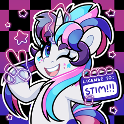 Size: 4000x4000 | Tagged: safe, artist:partypievt, oc, oc:party pie, pony, unicorn, absurd resolution, autism, autism spectrum disorder, bipedal, eyebrows, eyebrows visible through hair, facial markings, fringe, frog (hoof), hand, id card, license, looking at you, magic, magic hands, one eye closed, peace sign, simple background, solo, telekinesis, text, underhoof, wink, winking at you